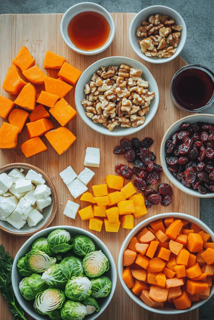 Ingredients for Caramelized Brussels Sprouts, Sweet Potato, Butternut Squash, Carrot & Beet Medley with Feta, Walnuts, and Cranberry-Honey Glaze