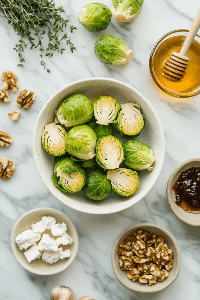 Ingredients for Caramelized Brussels Sprouts with Feta, Walnuts, and Cranberry-Honey Glaze
