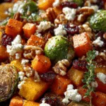 Caramelized Butternut Squash, Carrots, Brussels Sprouts, and Sweet Potato with Feta, Walnuts, and Cranberry-Honey Glaze Recipe