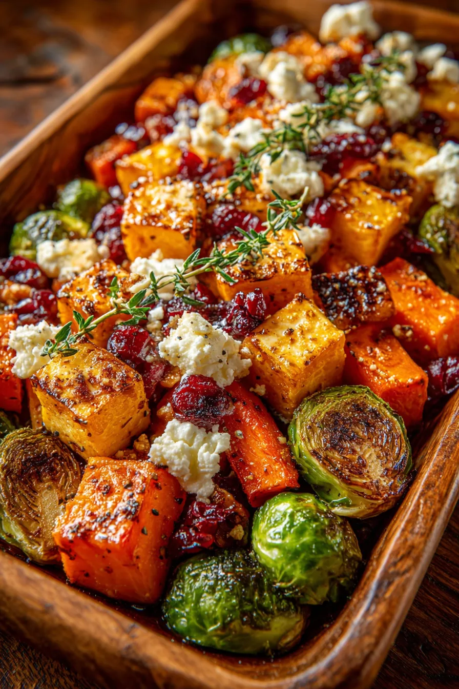 Caramelized Butternut Squash, Carrots, Brussels Sprouts, and Sweet Potato with Feta, Walnuts, and Cranberry-Honey Glaze