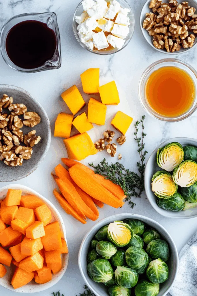 Ingredients for Caramelized Butternut Squash, Carrots, Brussels Sprouts, and Sweet Potato with Feta, Walnuts, and Cranberry-Honey Glaze