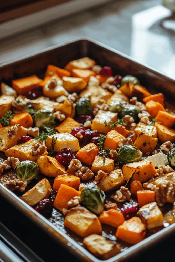 How to make Caramelized Butternut Squash, Carrots, Brussels Sprouts, and Sweet Potato with Feta, Walnuts, and Cranberry-Honey Glaze