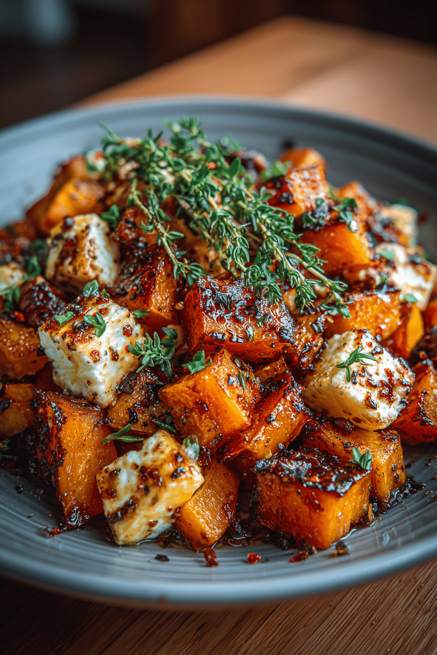 Caramelized Butternut Squash with Brie, Toasted Pecans & Hot Honey Drizzle in plate