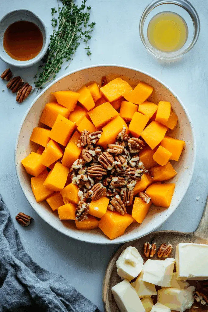 Ingredients for Caramelized Butternut Squash with Brie, Toasted Pecans & Hot Honey Drizzle