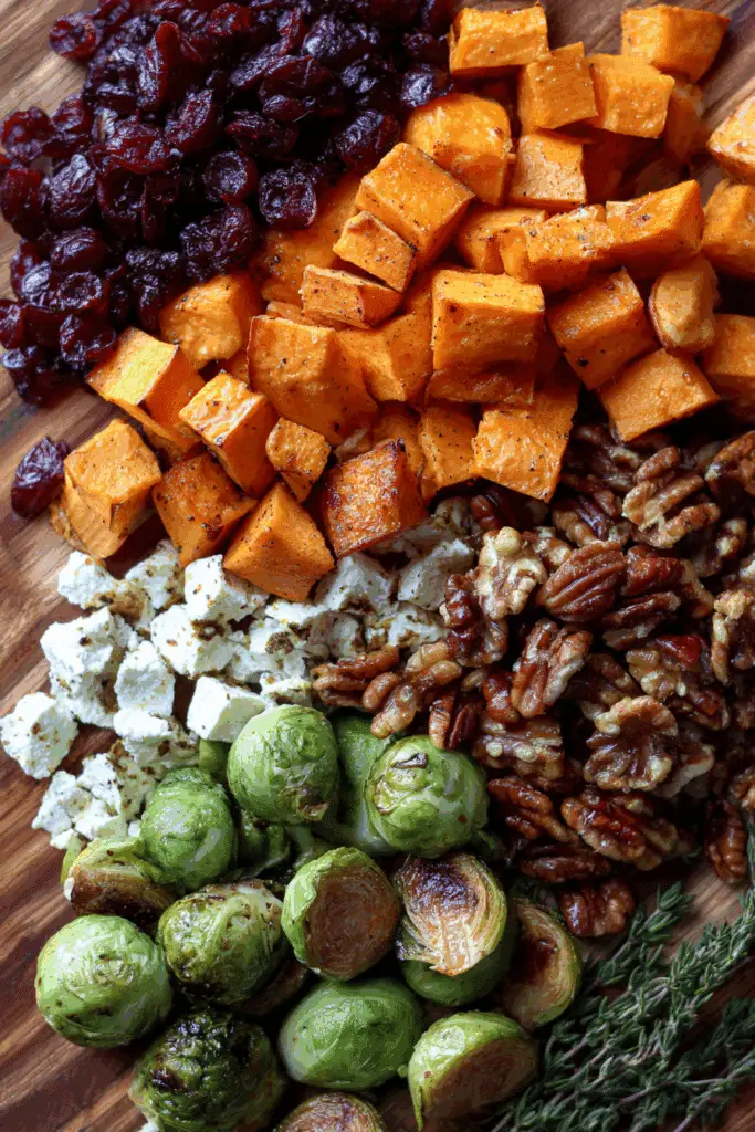 Cranberry Glazed Roasted Butternut Squash, Brussels Sprouts, and Sweet Potato Salad