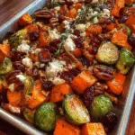 Cranberry Glazed Roasted Butternut Squash, Brussels Sprouts, and Sweet Potato Salad Recipe