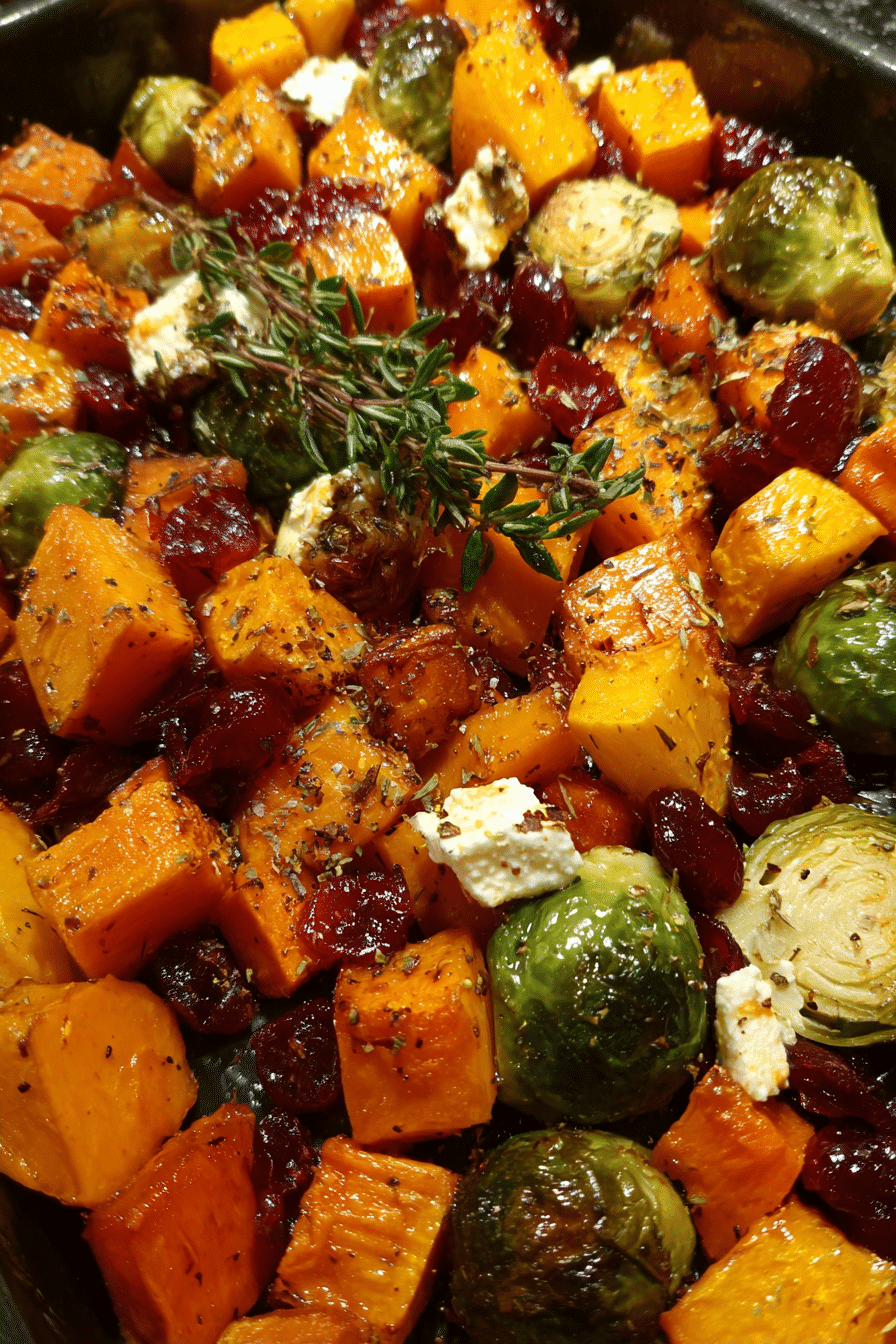 Cranberry Glazed Roasted Butternut Squash, Brussels Sprouts, and Sweet Potato Salad