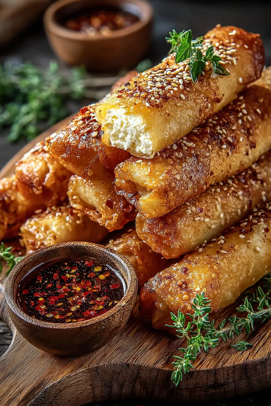 Crispy Baked Feta Rolls with Hot Chili Honey