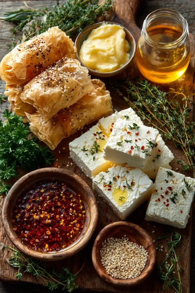 Crispy Baked Feta Rolls with Hot Chili Honey