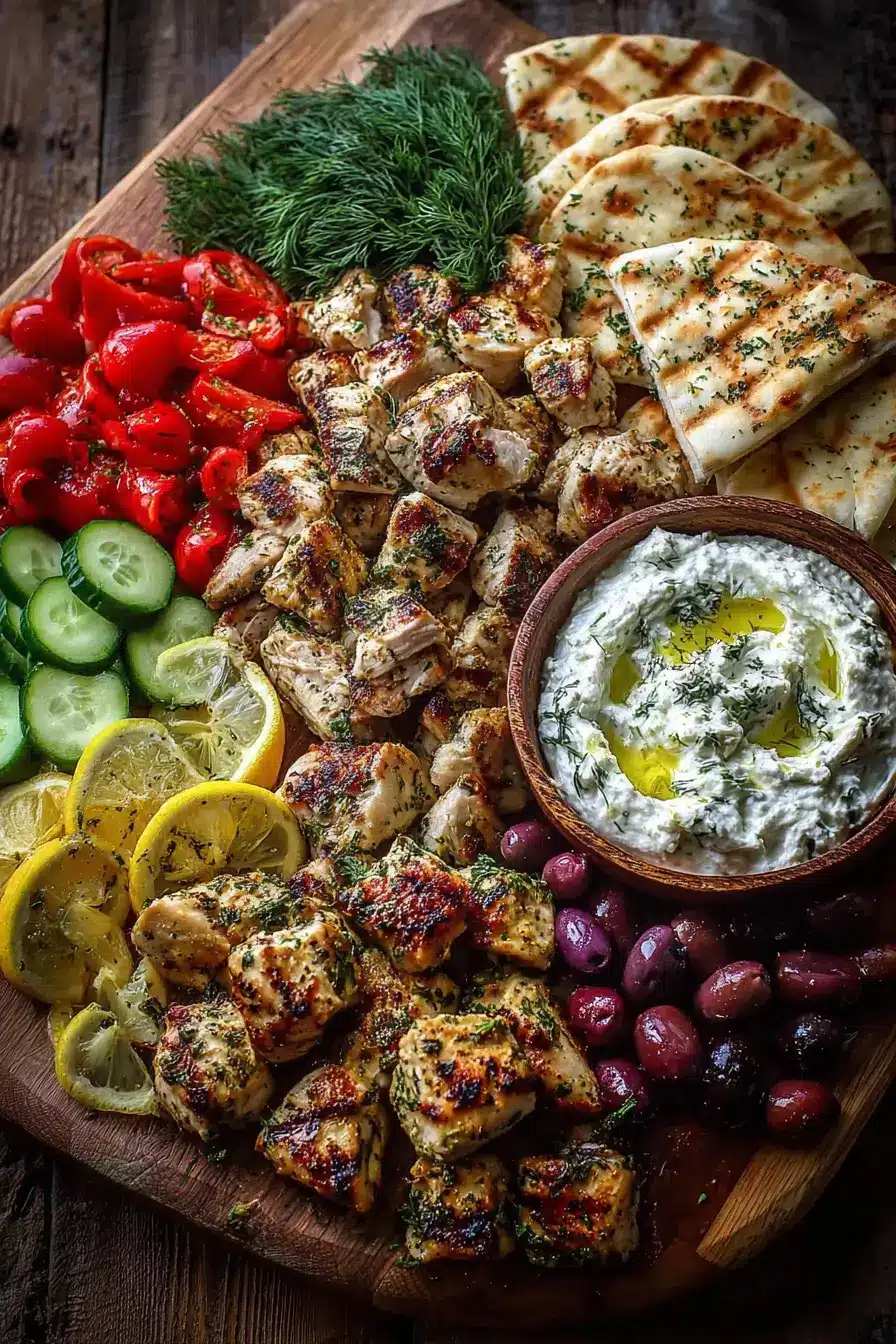 Greek Chicken Souvlaki Grazing Board with Feta Dip