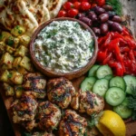 Greek Chicken Souvlaki Grazing Board with Feta Dip