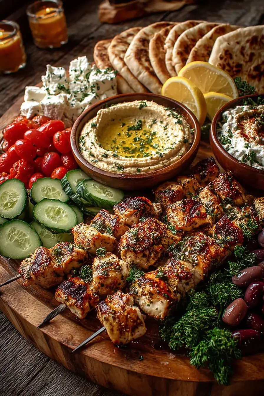 Greek Chicken Souvlaki Grazing Board with Hummus Dip