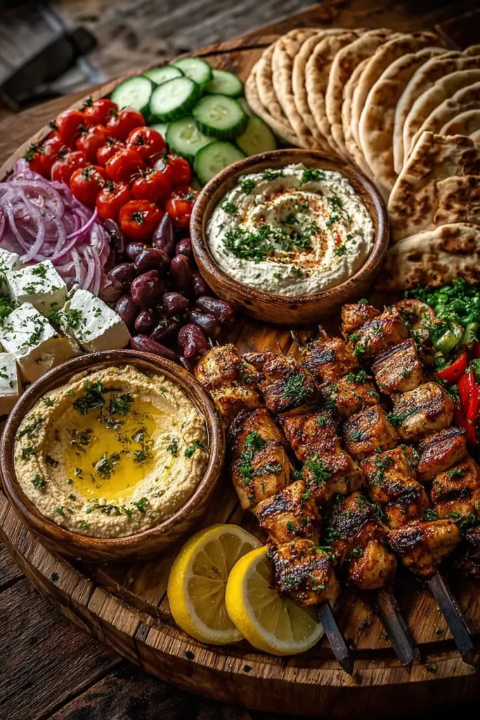 Greek Chicken Souvlaki Grazing Board with Hummus Dip