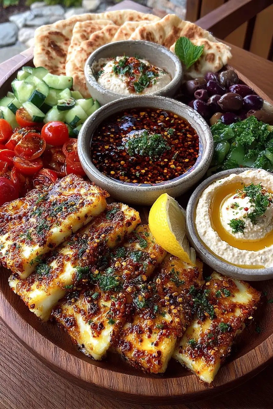 Greek Halloumi Mezze Platter with Chili Honey Drizzle