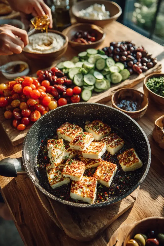 Greek Halloumi Mezze Platter with Chili Honey Drizzle