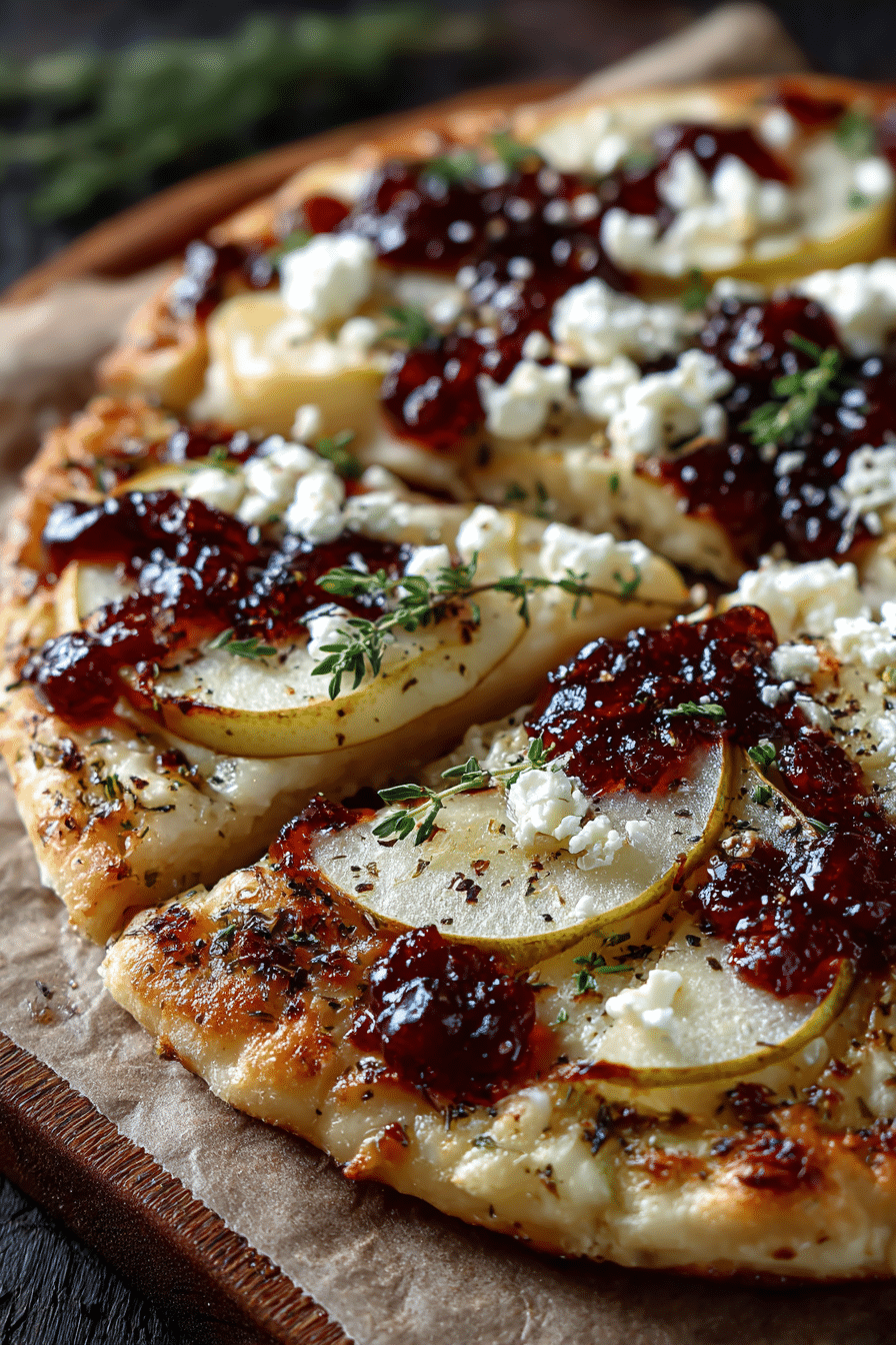 Pear Apple & Brie Flatbread with Cranberry Jelly and Feta Crumble