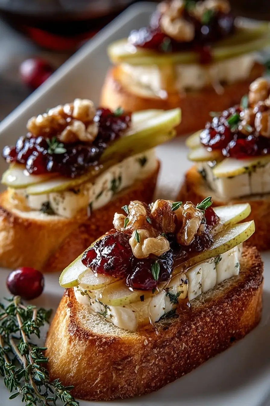 Pear, Brie and Cranberry Crostini with Thyme Honey