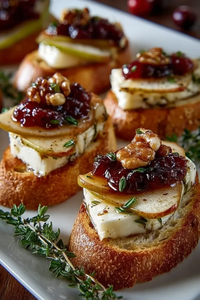 Pear, Brie and Cranberry Crostini with Thyme Honey