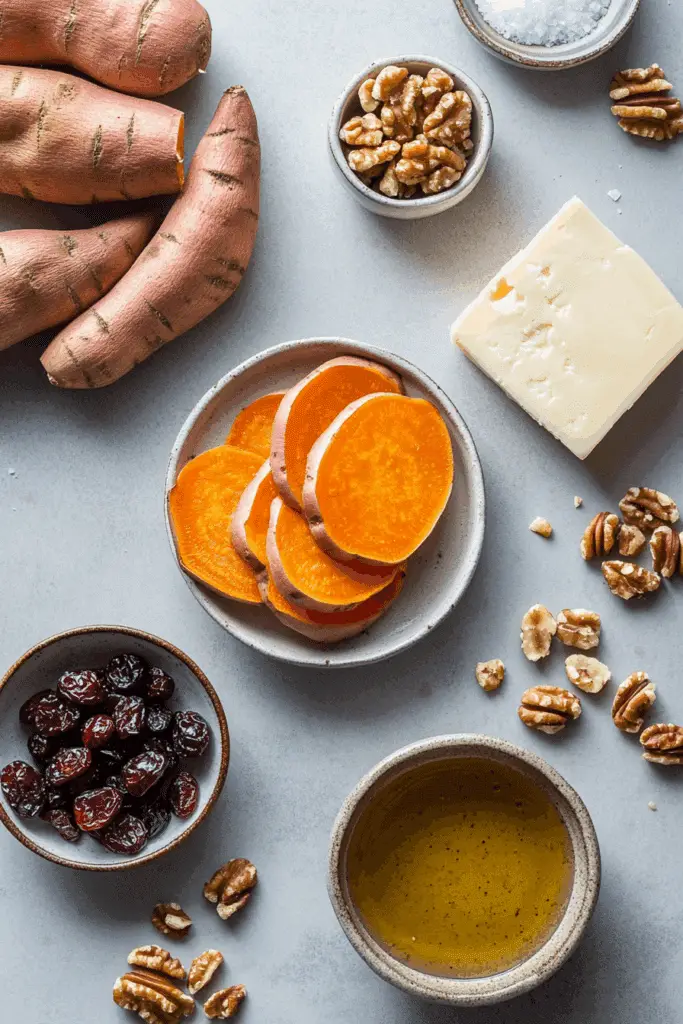 Ingredients for Sweet Potato Rounds with Brie, Cranberries & Toasted Walnuts with a Hot Honey Drizzle
