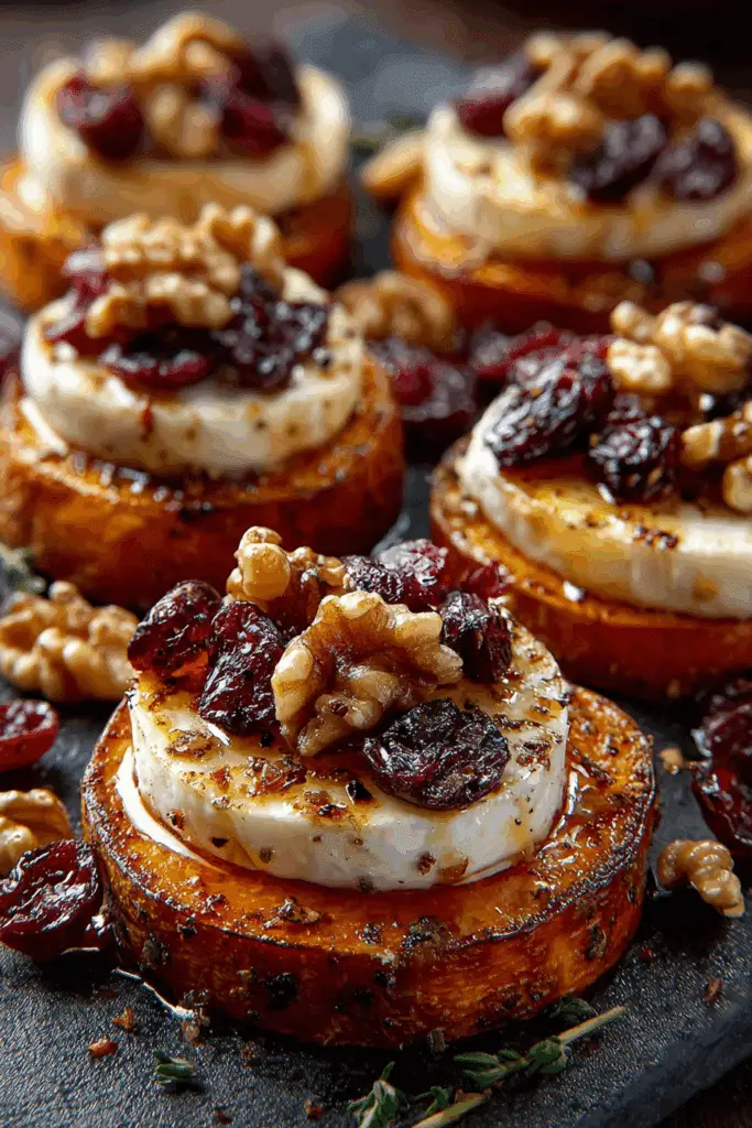 Sweet Potato Rounds with Brie, Cranberries & Toasted Walnuts with a Hot Honey Drizzle