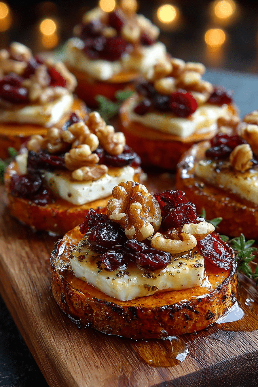 Sweet Potato Rounds with Brie, Cranberries & Toasted Walnuts with a Hot Honey Drizzle recipe