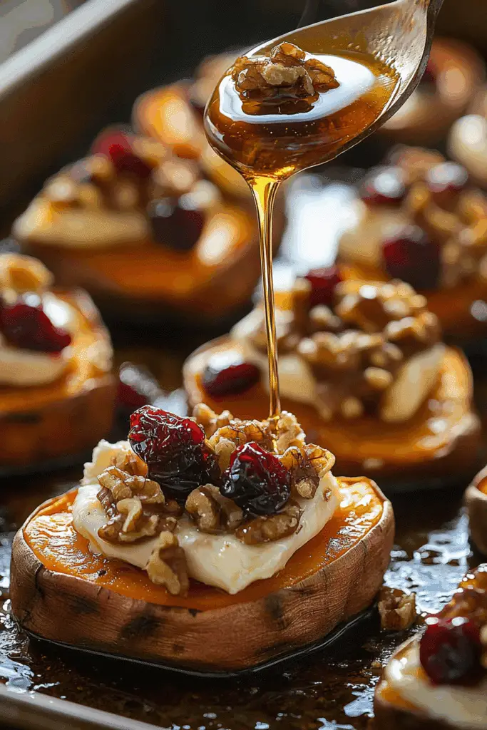 How to make Sweet Potato Rounds with Brie, Cranberries & Toasted Walnuts with a Hot Honey Drizzle