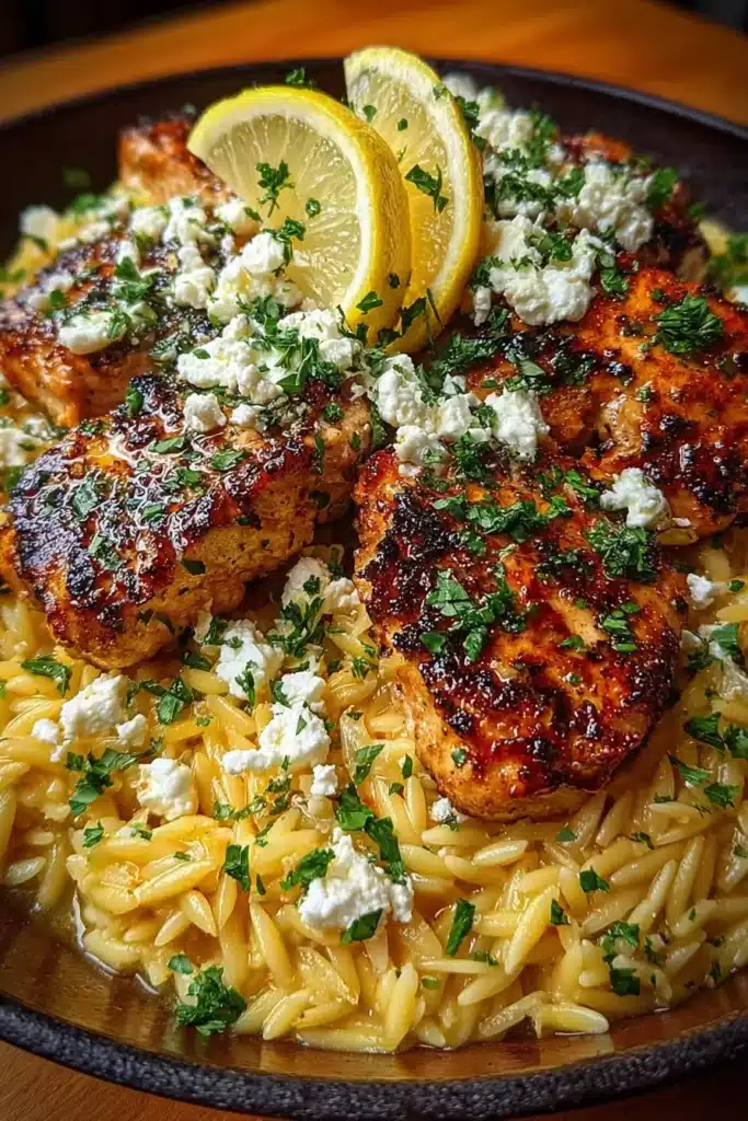 Taco Baked Lemon Feta Chicken with Garlic Orzo