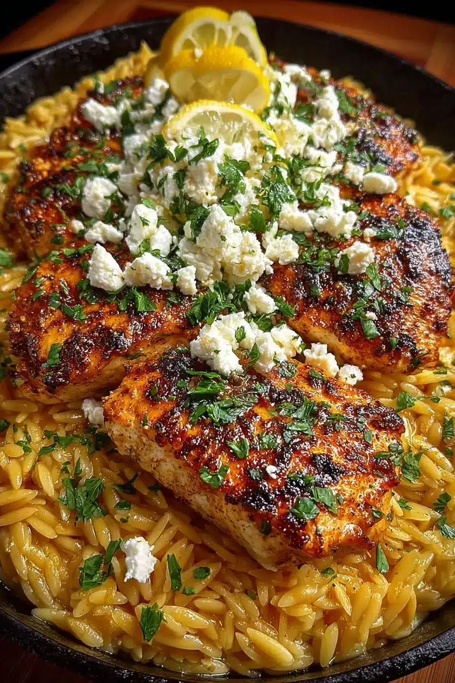 Taco Baked Lemon Feta Chicken with Garlic Orzo