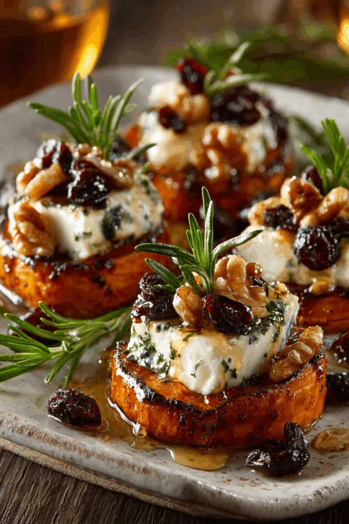 Roasted Sweet Potato Rounds with Brie, Dried Cherries & Toasted Walnuts