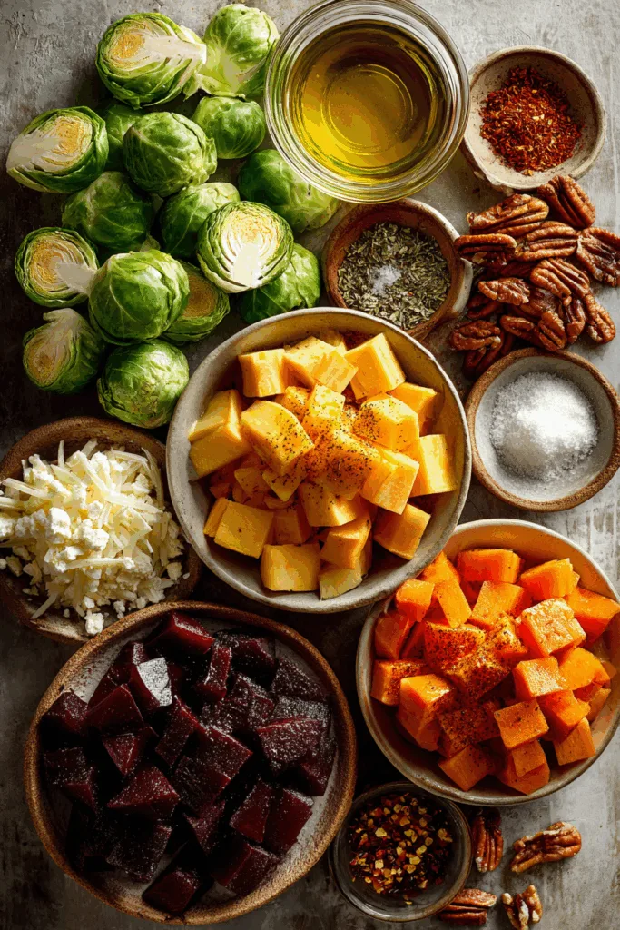 Oven-Roasted Brussels Sprouts, Sweet Potato, Butternut Squash, Carrot & Beet Medley with Feta, Brie, Toasted Pecans & Hot Honey Drizzle