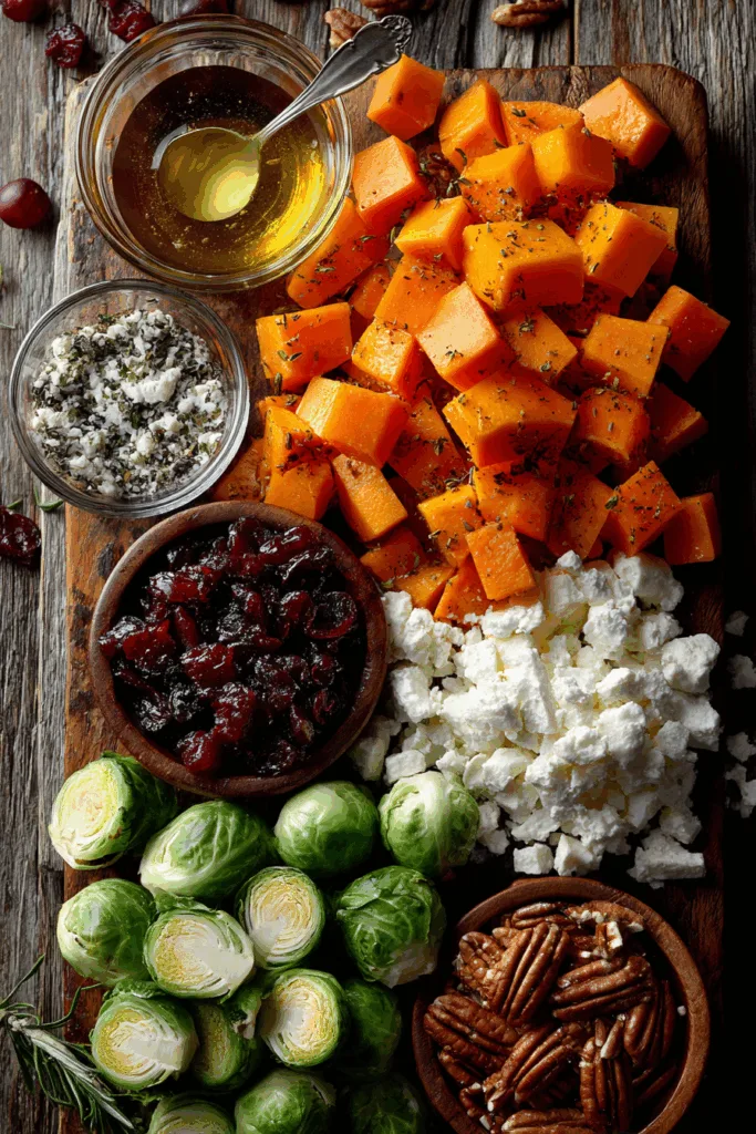 Caramelized Butternut Squash, Carrots, Brussels Sprouts & Sweet Potato with Feta, Pecans & Cranberry-Honey Glaze