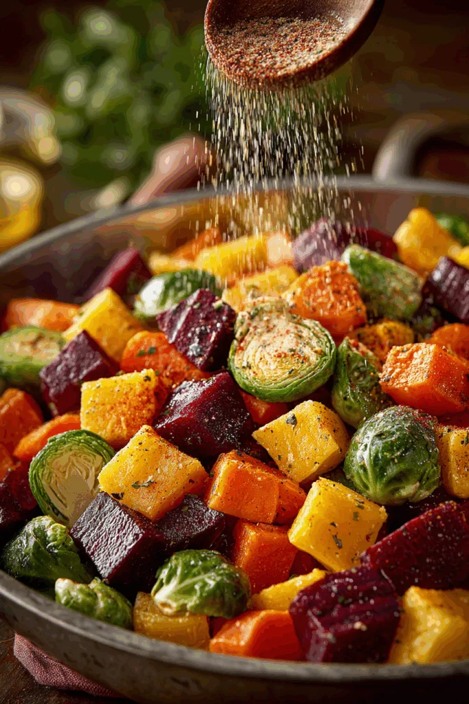 Oven-Roasted Brussels Sprouts, Sweet Potato, Butternut Squash, Carrot & Beet Medley with Feta, Brie, Toasted Pecans & Hot Honey Drizzle