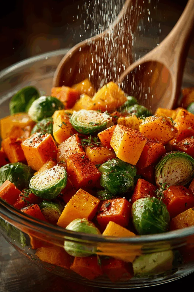 Caramelized Butternut Squash, Carrots, Brussels Sprouts & Sweet Potato with Feta, Pecans & Cranberry-Honey Glaze