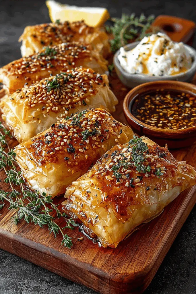 Crispy Baked Feta Rolls with Garlic Honey