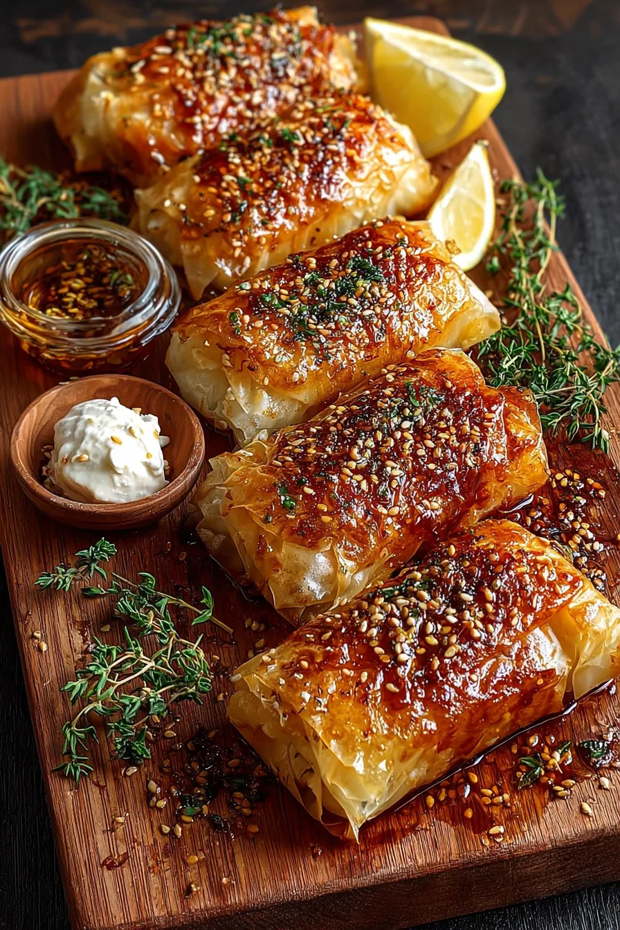 Crispy Baked Feta Rolls with Garlic Honey