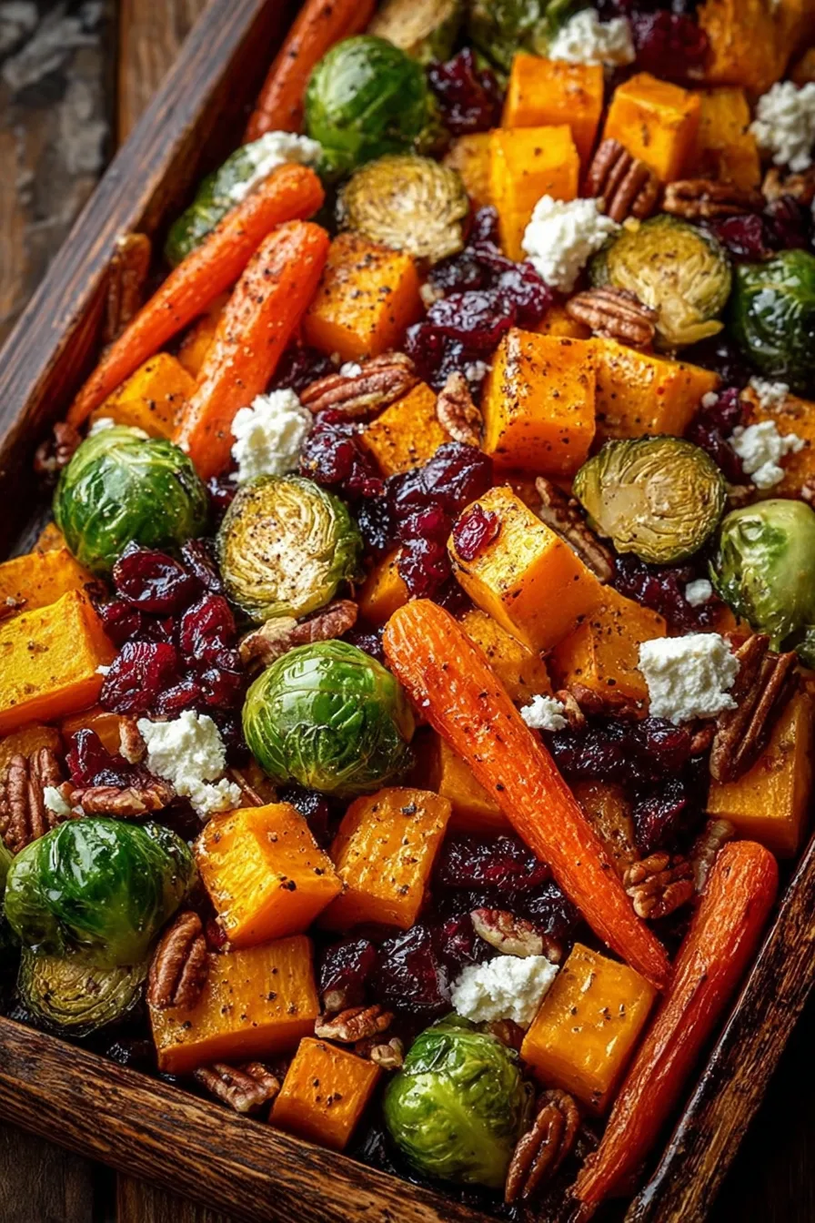 Caramelized Butternut Squash, Carrots, Brussels Sprouts & Sweet Potato with Feta, Pecans & Cranberry-Honey Glaze