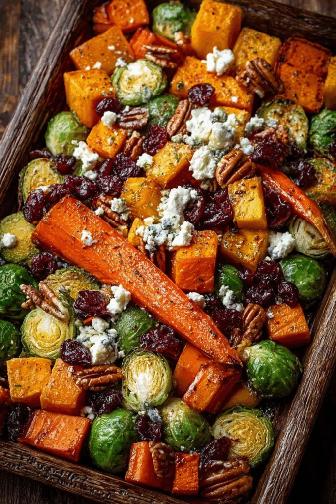 Caramelized Butternut Squash, Carrots, Brussels Sprouts & Sweet Potato with Feta, Pecans & Cranberry-Honey Glaze