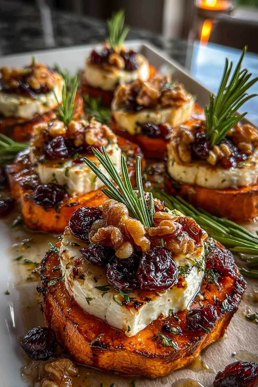 Roasted Sweet Potato Rounds with Brie, Dried Cherries & Toasted Walnuts