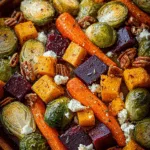 Oven-Roasted Brussels Sprouts, Sweet Potato, Butternut Squash, Carrot & Beet Medley with Feta, Brie, Toasted Pecans & Hot Honey Drizzle