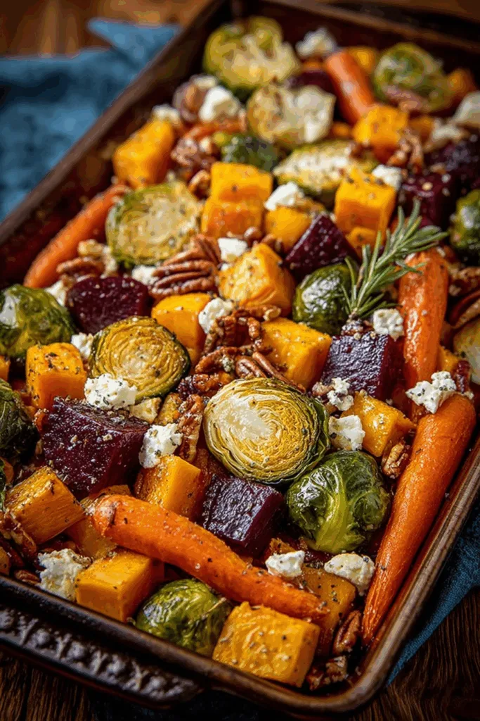 Oven-Roasted Brussels Sprouts, Sweet Potato, Butternut Squash, Carrot & Beet Medley with Feta, Brie, Toasted Pecans & Hot Honey Drizzle