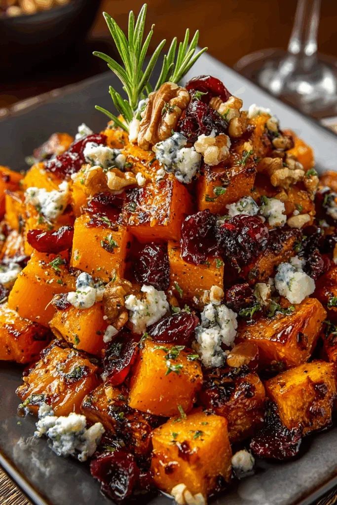 Caramelized Butternut Squash & Sweet Potato with Blue Cheese, Walnuts & Cranberry-Orange Glaze