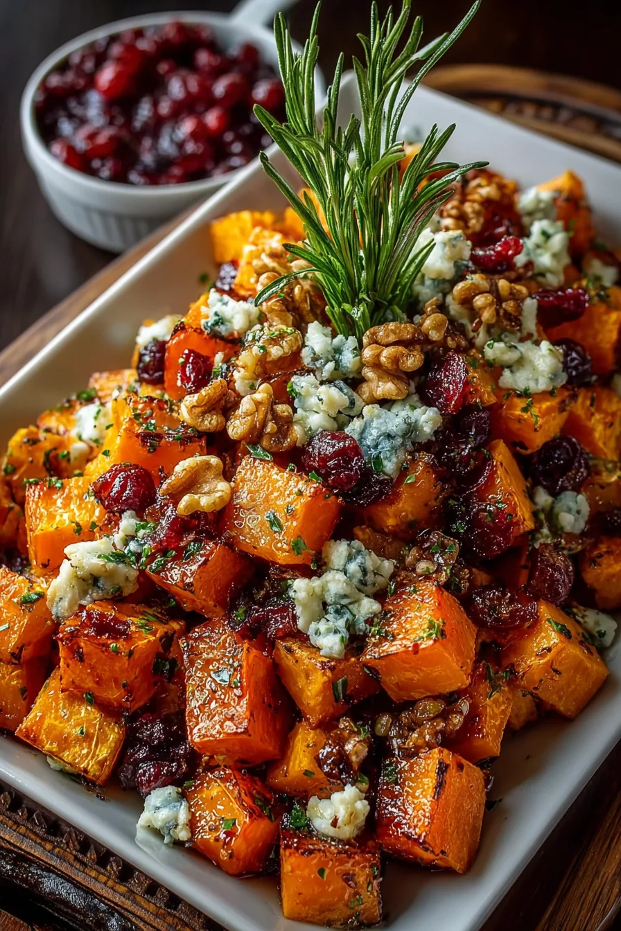 Caramelized Butternut Squash & Sweet Potato with Blue Cheese, Walnuts & Cranberry-Orange Glaze