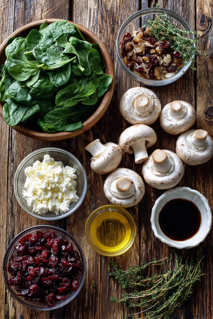 Ingredients for Balsamic-Glazed Cranberry & Goat Cheese Stuffed Mushrooms with Spinach