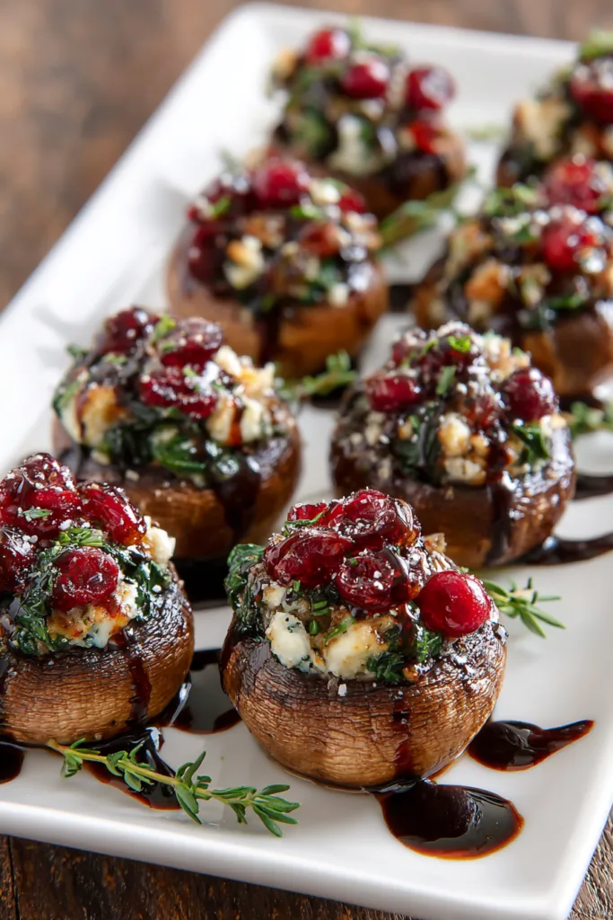 Balsamic-Glazed Cranberry & Goat Cheese Stuffed Mushrooms with Spinach Serving