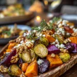Caramelized Brussels Sprouts, Sweet Potato, Butternut Squash, Carrot & Beet Medley with Feta, Toasted Walnuts & Hot Honey Drizzle
