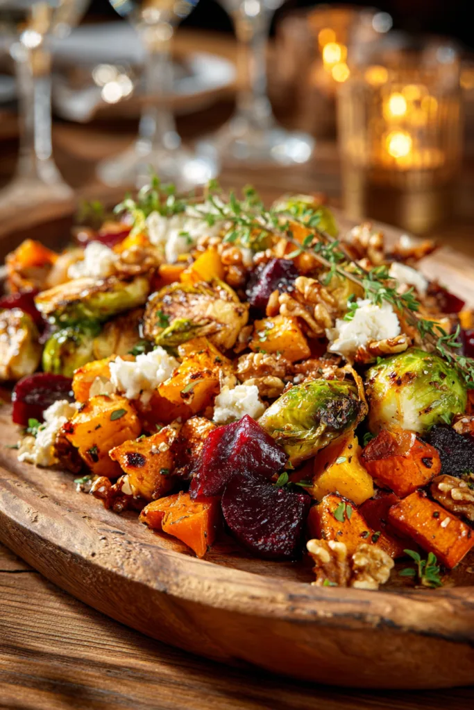 Caramelized Brussels Sprouts, Sweet Potato, Butternut Squash, Carrot & Beet Medley with Feta, Toasted Walnuts & Hot Honey Drizzle