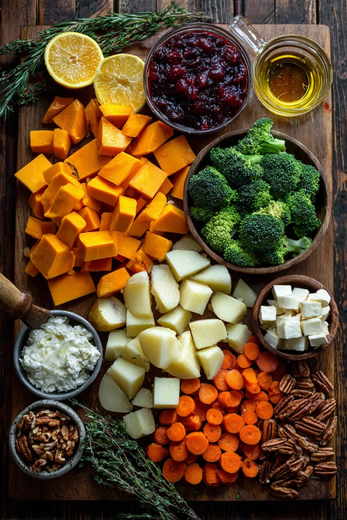 Caramelized Butternut Squash, Carrots, Broccoli & Yukon Potatoes with Feta, Pecans & Cranberry-Honey Glaze