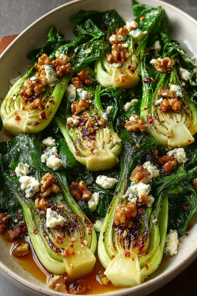 Caramelized Garlic Bok Choy with Feta, Walnuts & Hot Honey Drizzle Recipe