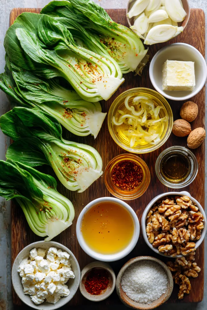 Ingredients for Caramelized Garlic Bok Choy with Feta, Walnuts & Hot Honey Drizzle