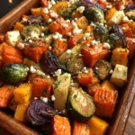 Christmas Roasted Brussels Sprouts, Sweet Potato, Butternut Squash, Carrot & Beet Medley with Maple-Feta Crumble, Walnuts & Cranberry-Honey Glaze Recipe